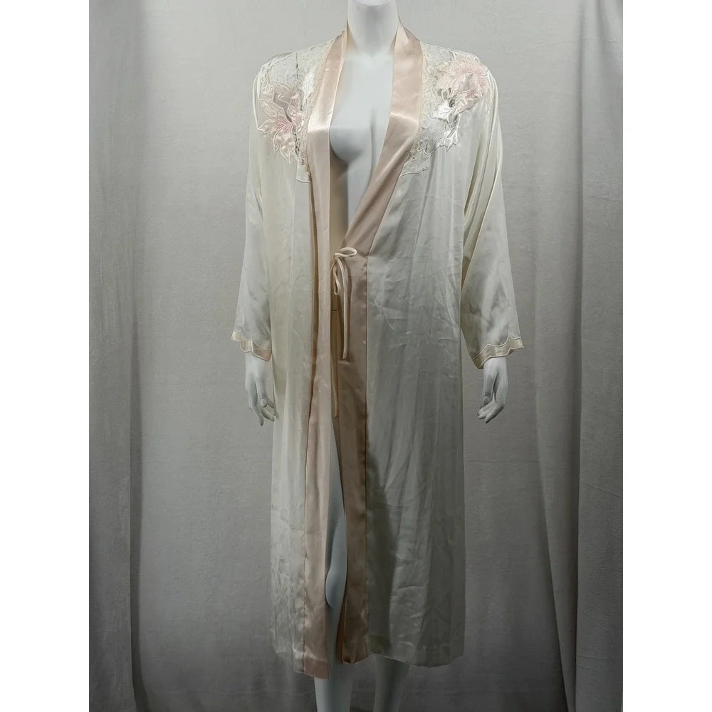 Vintage Natori Robe Womens Medium Ivory Satin Lace Floral Bridal Romantic Dainty